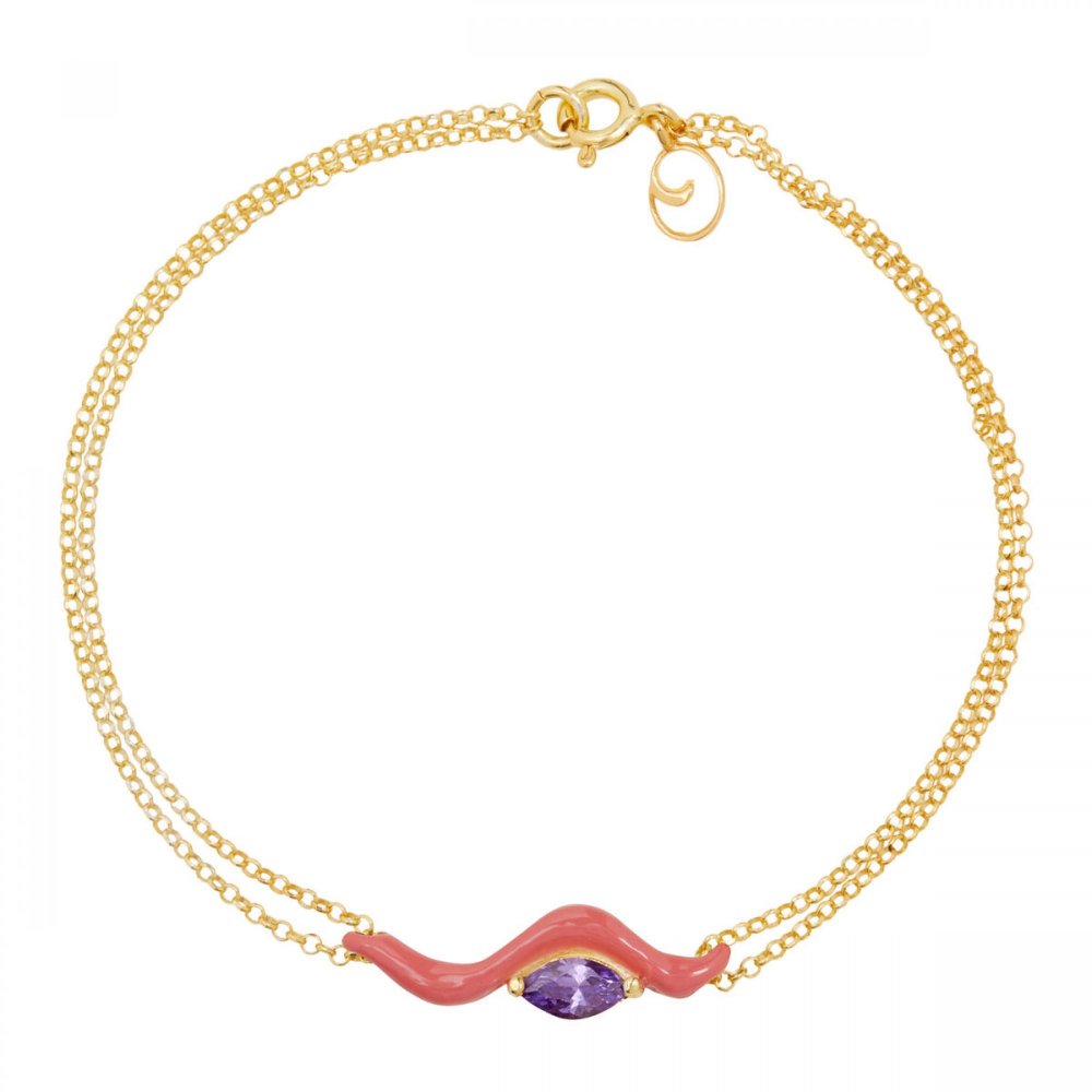 Silver wave bracelet with coral enamel and purple zircon, double silver gold-plated chain