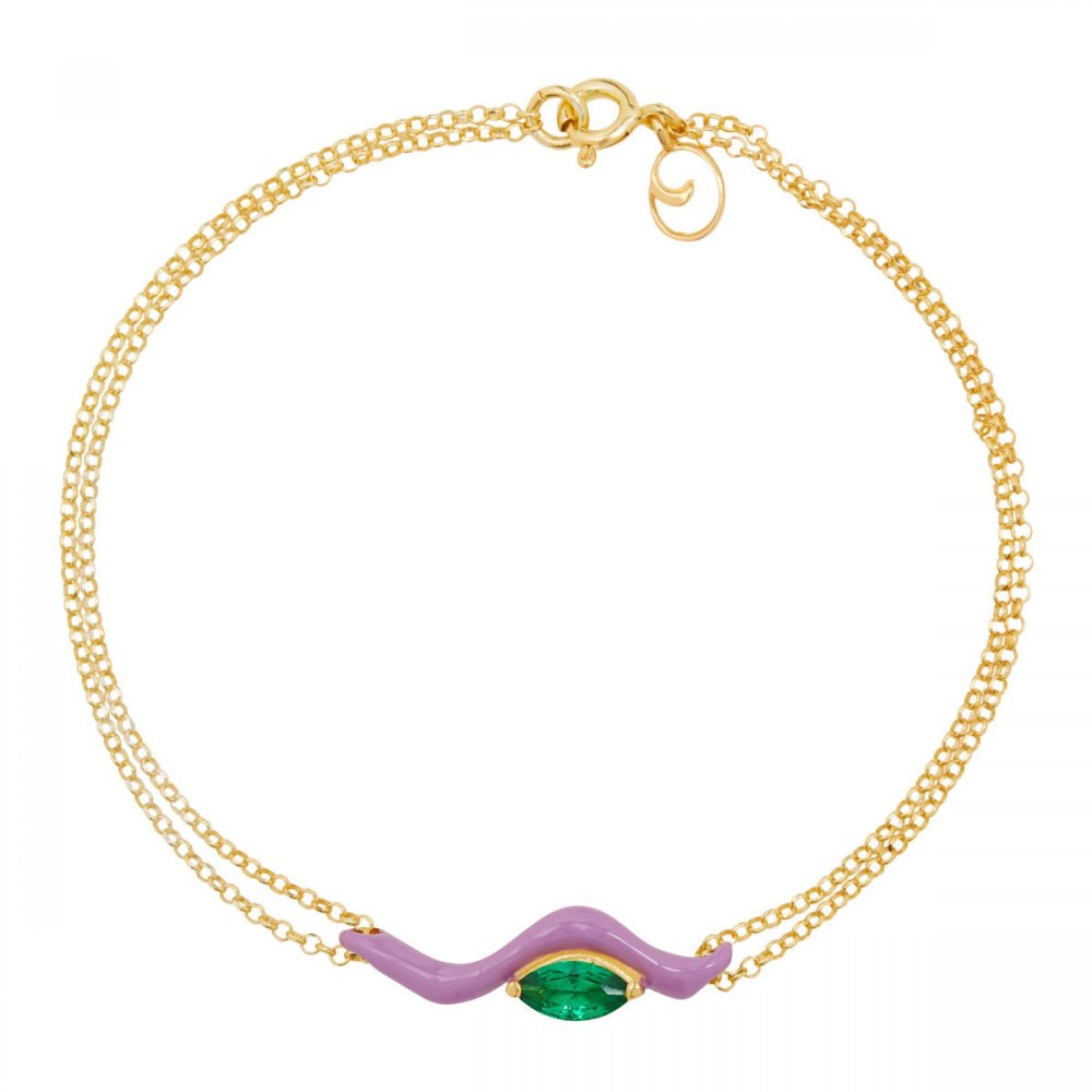 Silver wave bracelet with purple enamel and green zircon, double silver gold-plated chain