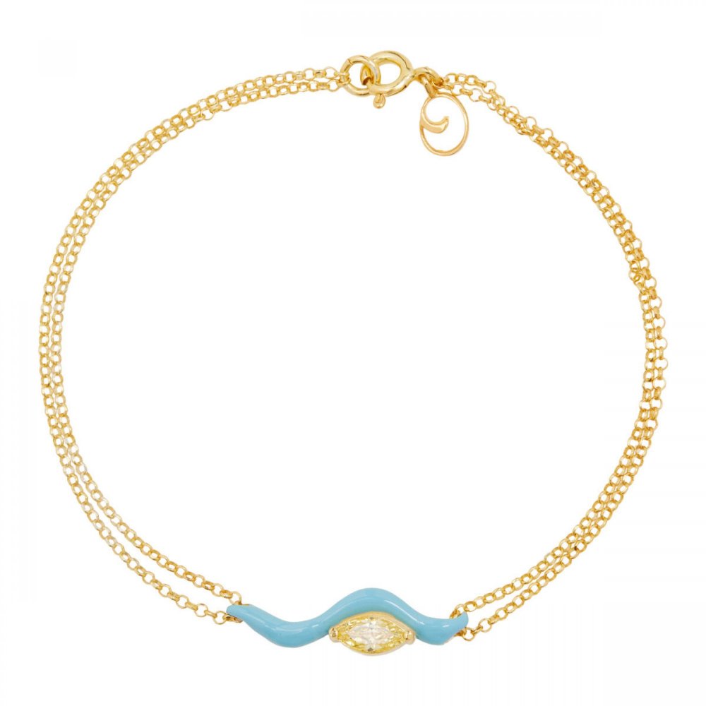 Silver wave bracelet with blue enamel and yellow zircon, double silver gold-plated chain