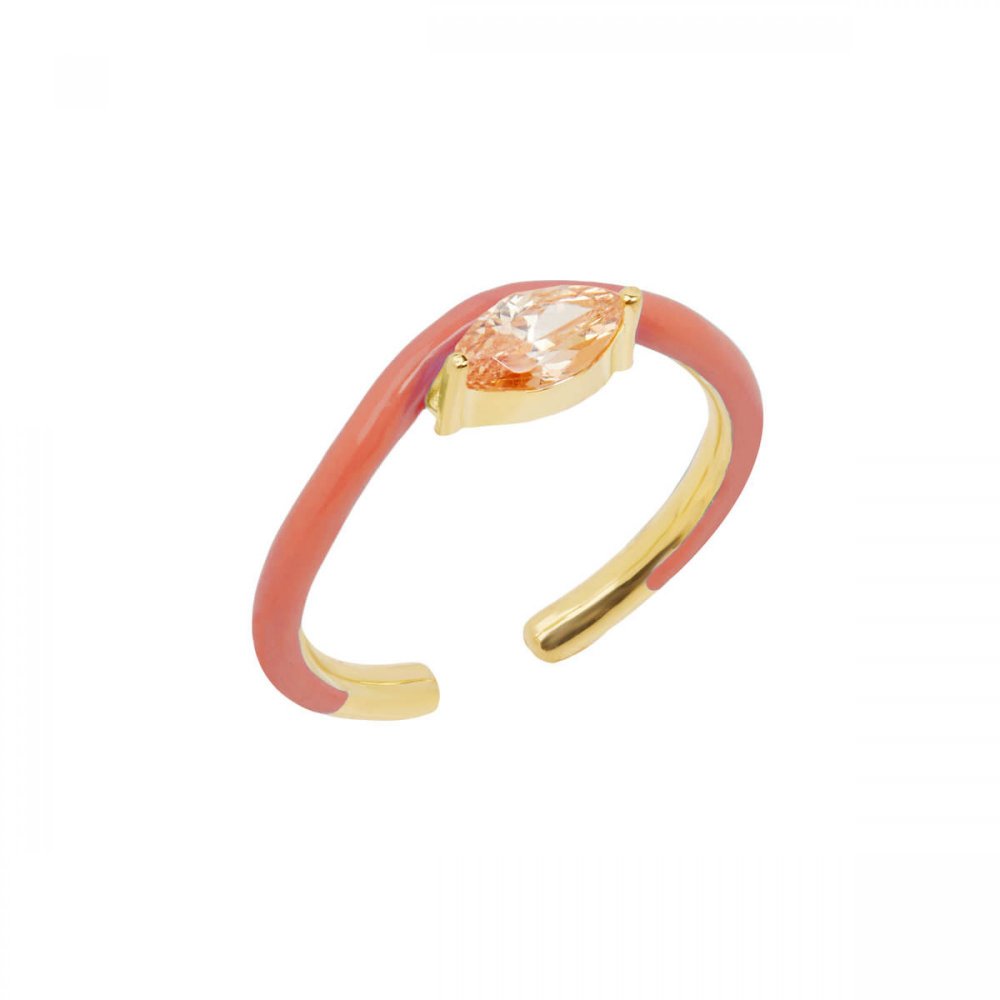 Single wave silver ring with coral enamel and champagne zircon