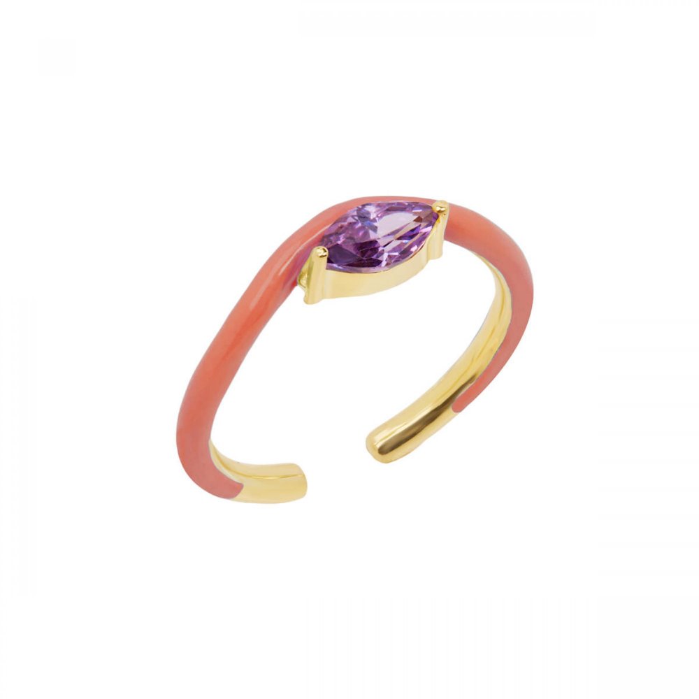 Single wave silver ring with coral enamel and purple zircon