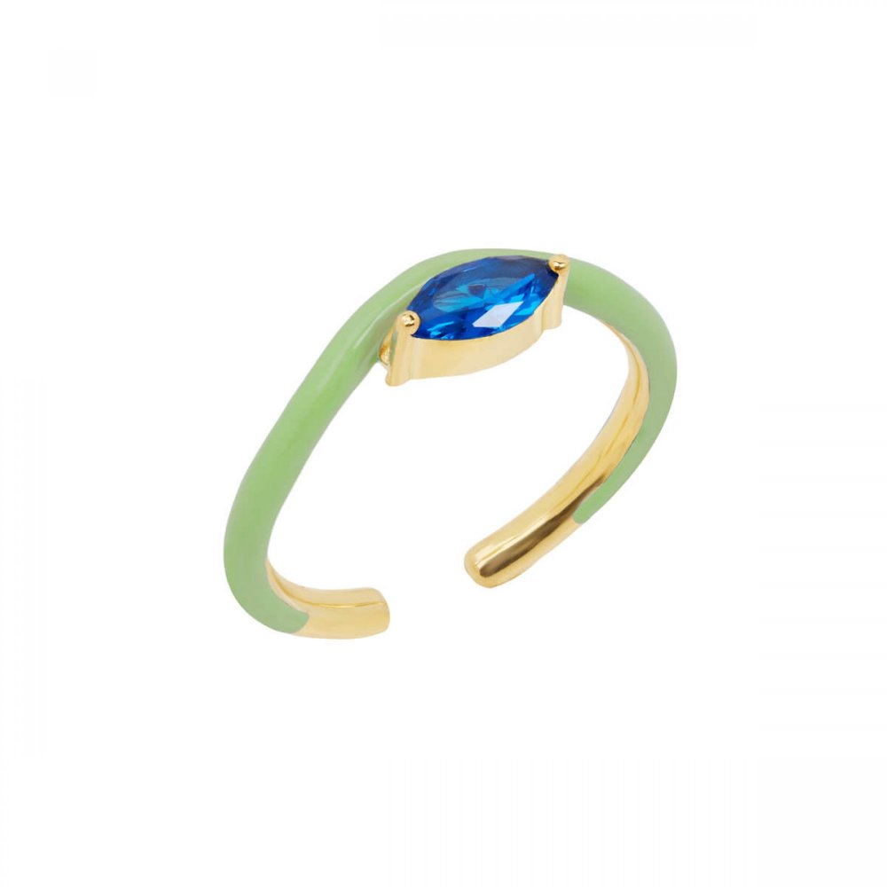 Single wave silver ring with verman enamel and blue zircon