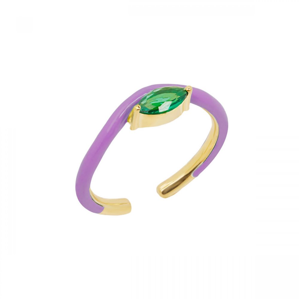 Single wave silver ring with purple enamel and green zircon