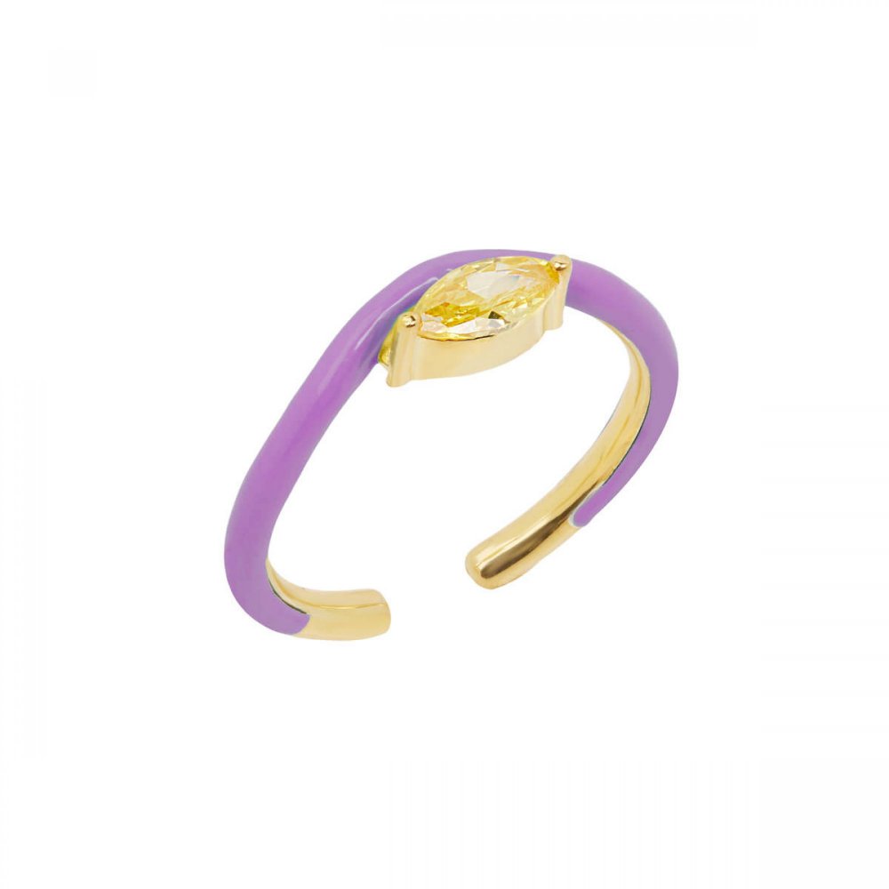 Single wave silver ring with purple enamel and yellow zircon