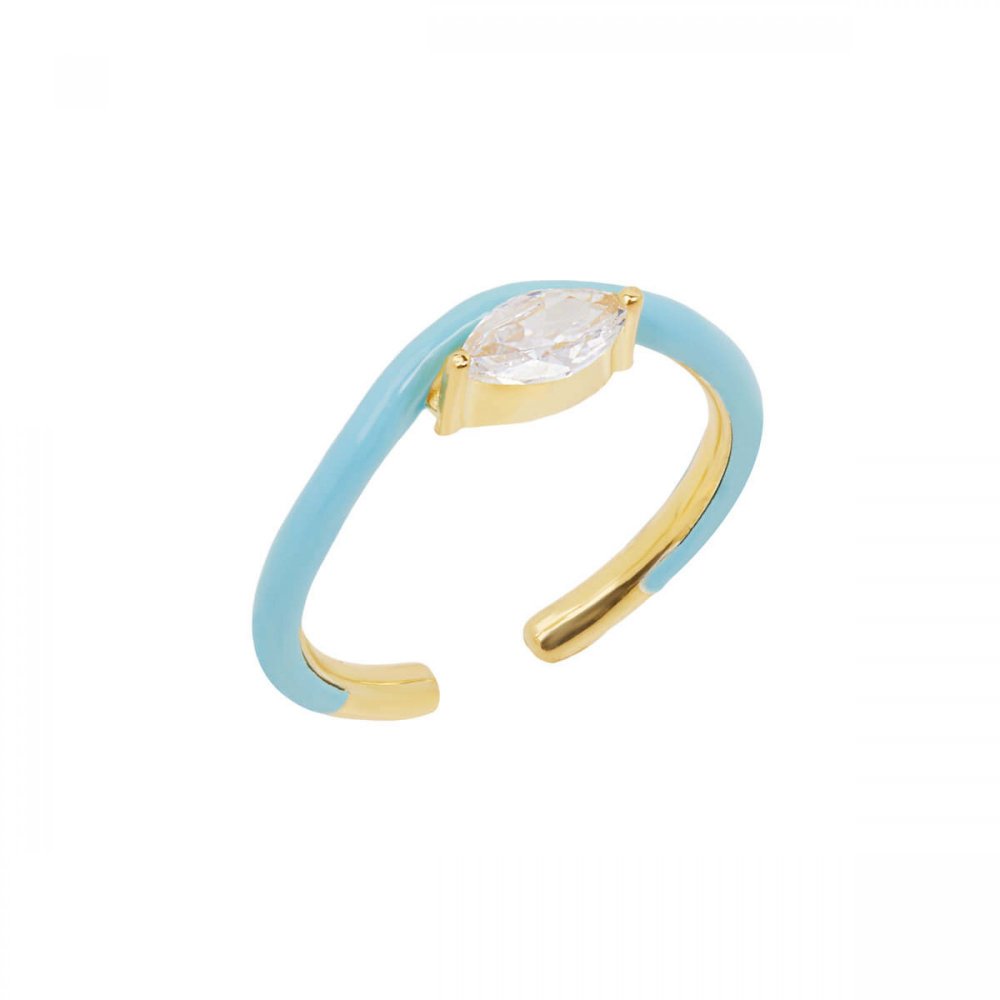 Ασημένιο δαχτυλίδι μονό κύμα με γαλάζιο σμάλτο και λευκό ζιργκόν
