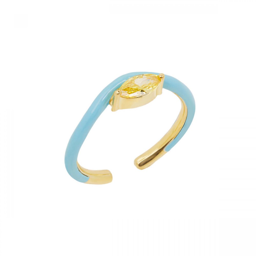 Single wave silver ring with blue enamel and yellow zircon