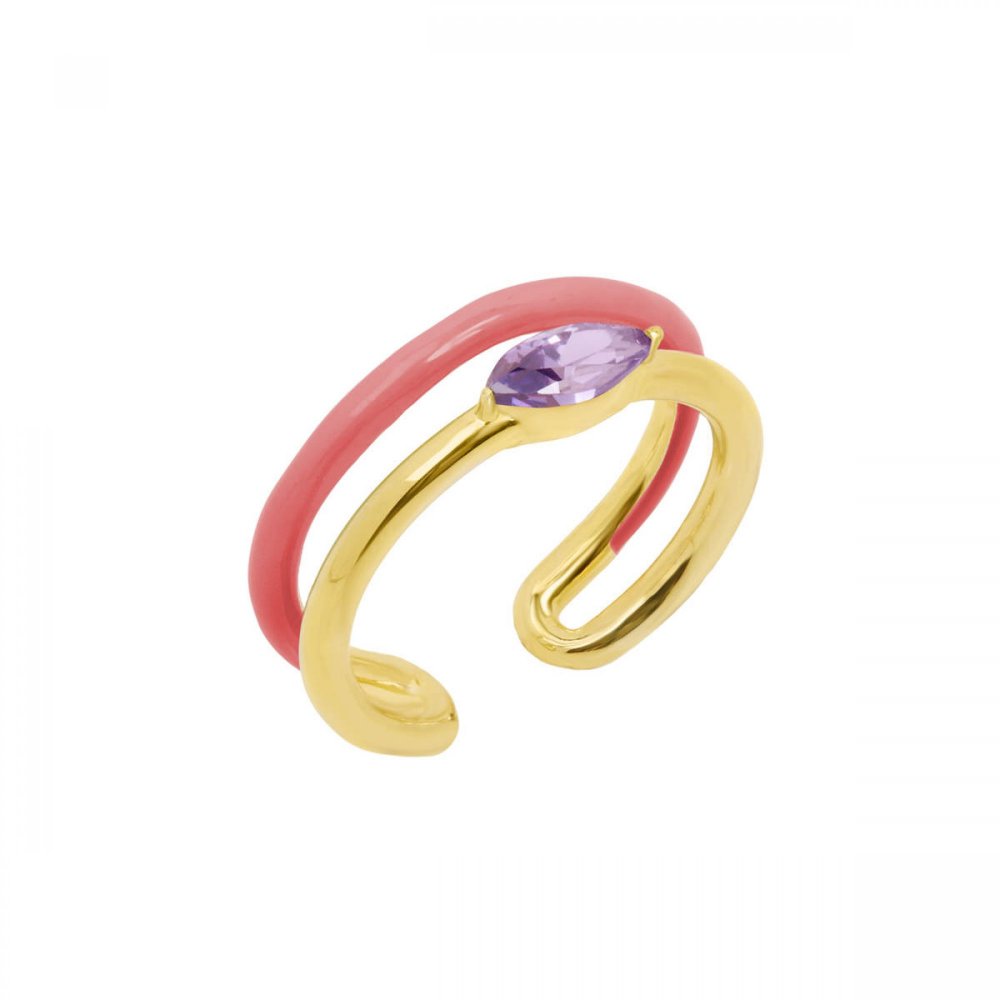 Double wave silver ring with coral enamel and purple zircon