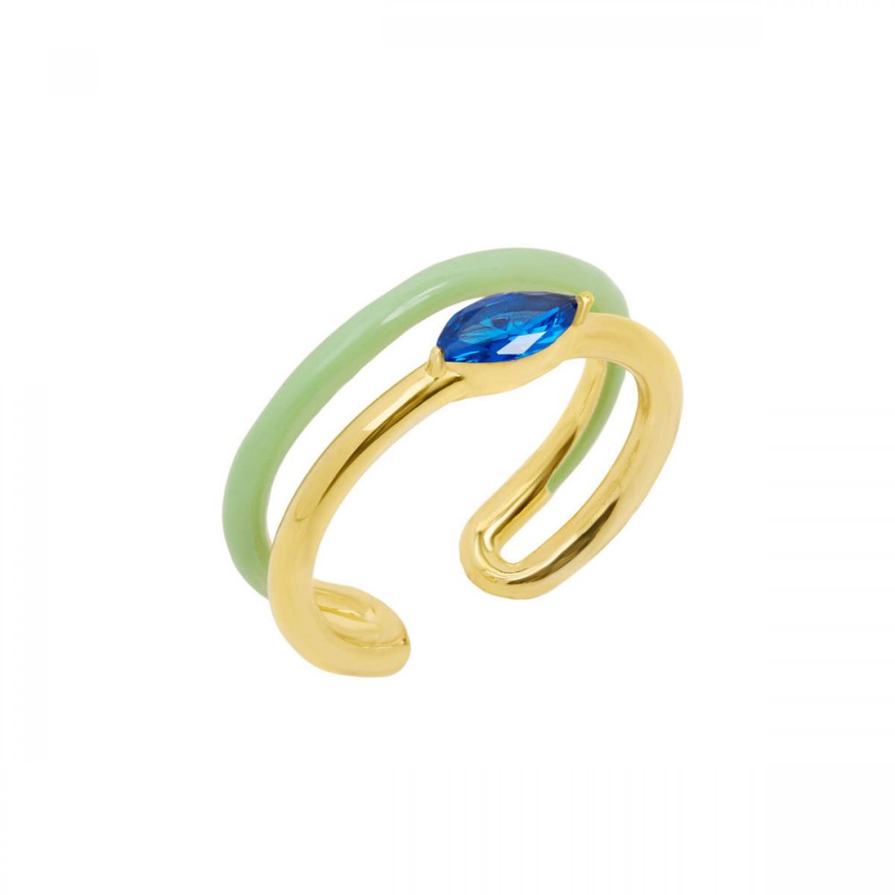 Double wave silver ring with verman enamel and blue zircon