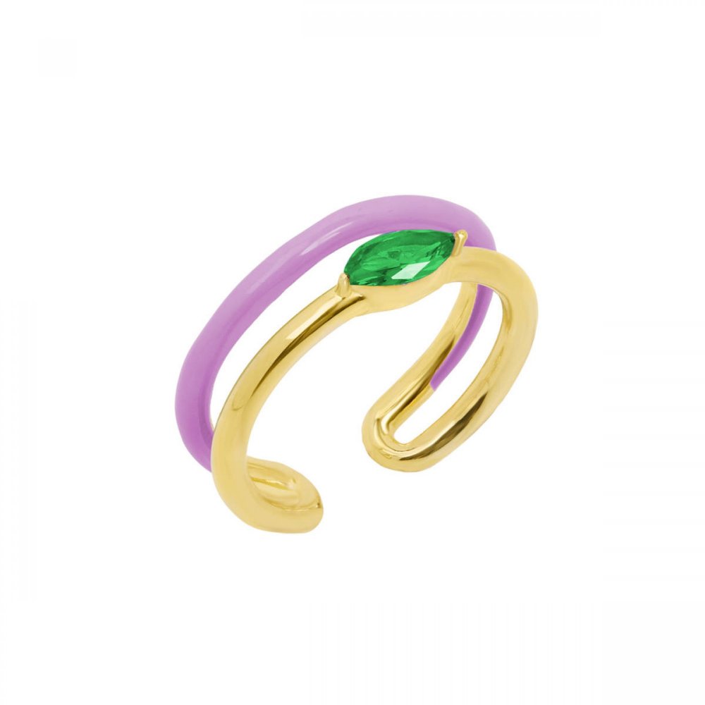 Double wave silver ring with purple enamel and green zircon