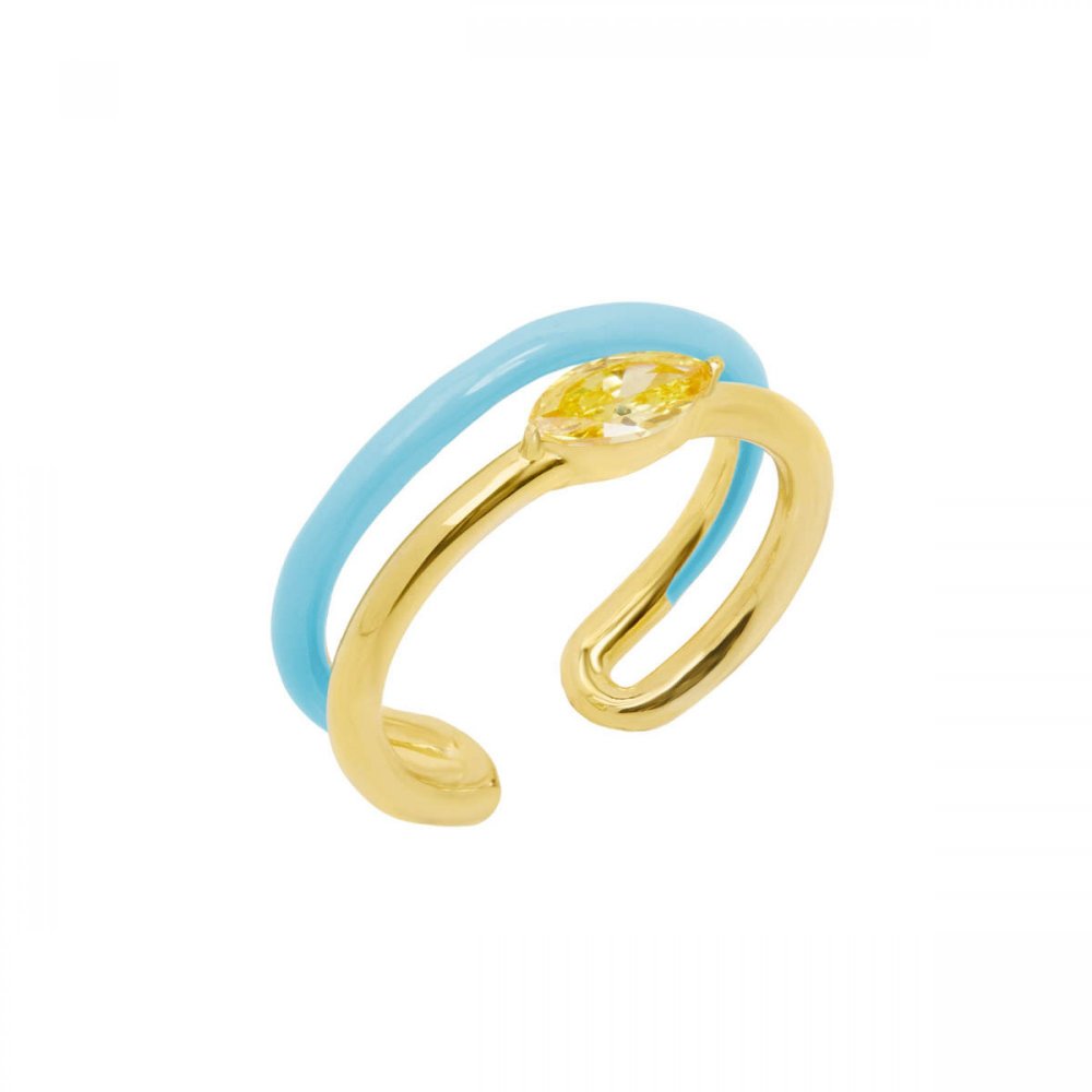 Double wave silver ring with blue enamel and yellow zircon