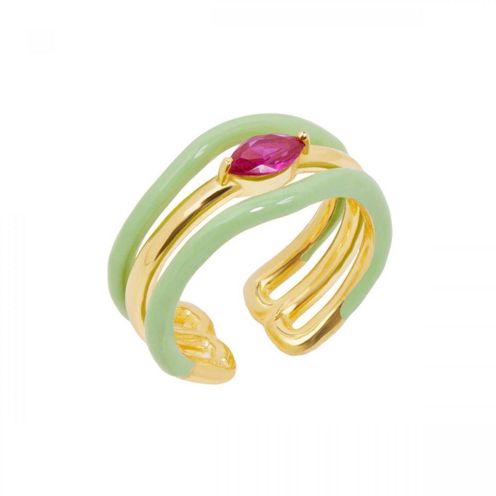 Triple wave silver ring with verman enamel and fuchsia zircon
