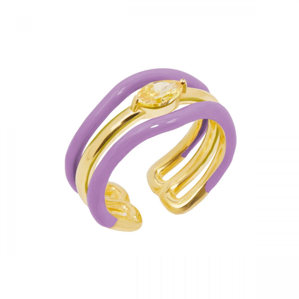 Triple wave silver ring with purple enamel and yellow zircon