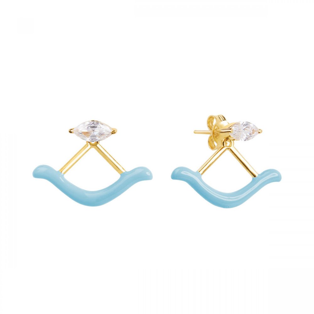 Silver jacket wave earrings with blue enamel and white zircon