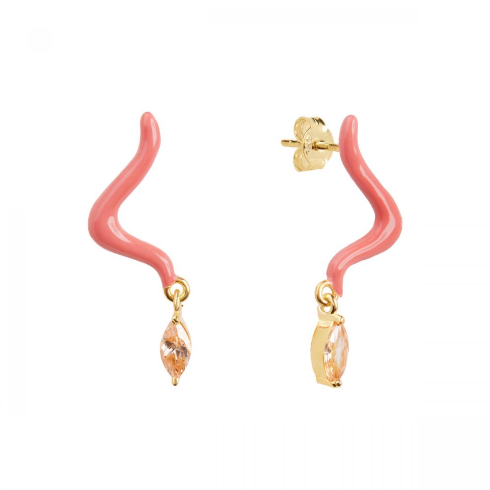 Silver wave earrings with coral enamel and champagne zircon dangles