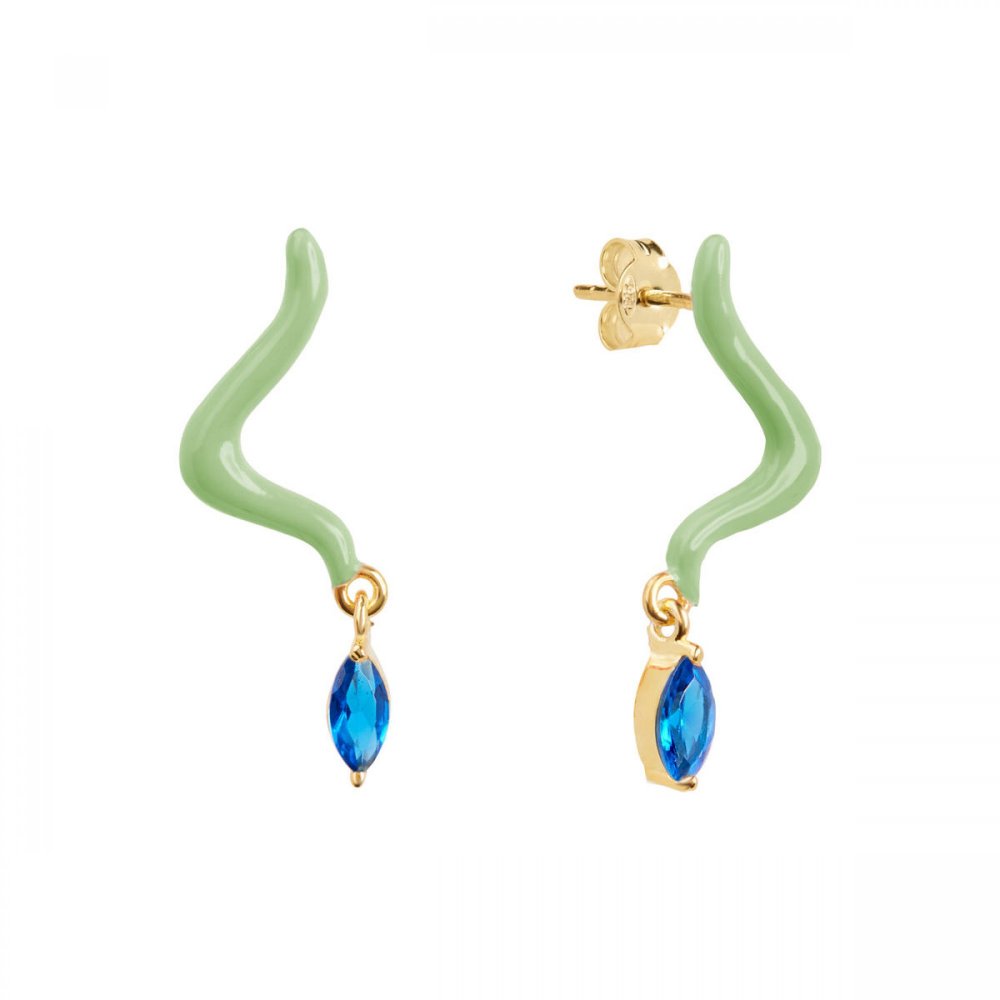Silver Wave Earrings with Veraman Enamel and Blue Zircon Dangle