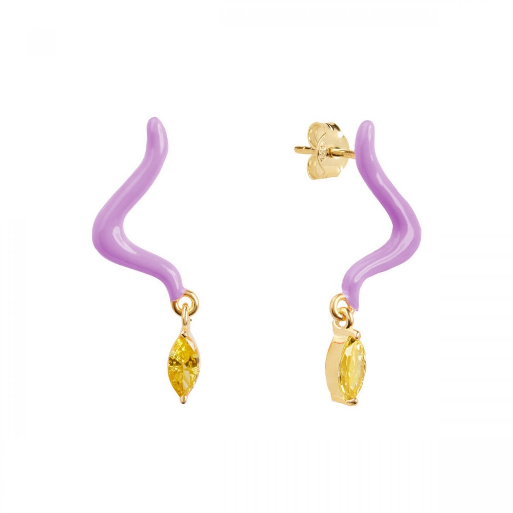 Silver wave earrings with purple enamel and dangling yellow zircon