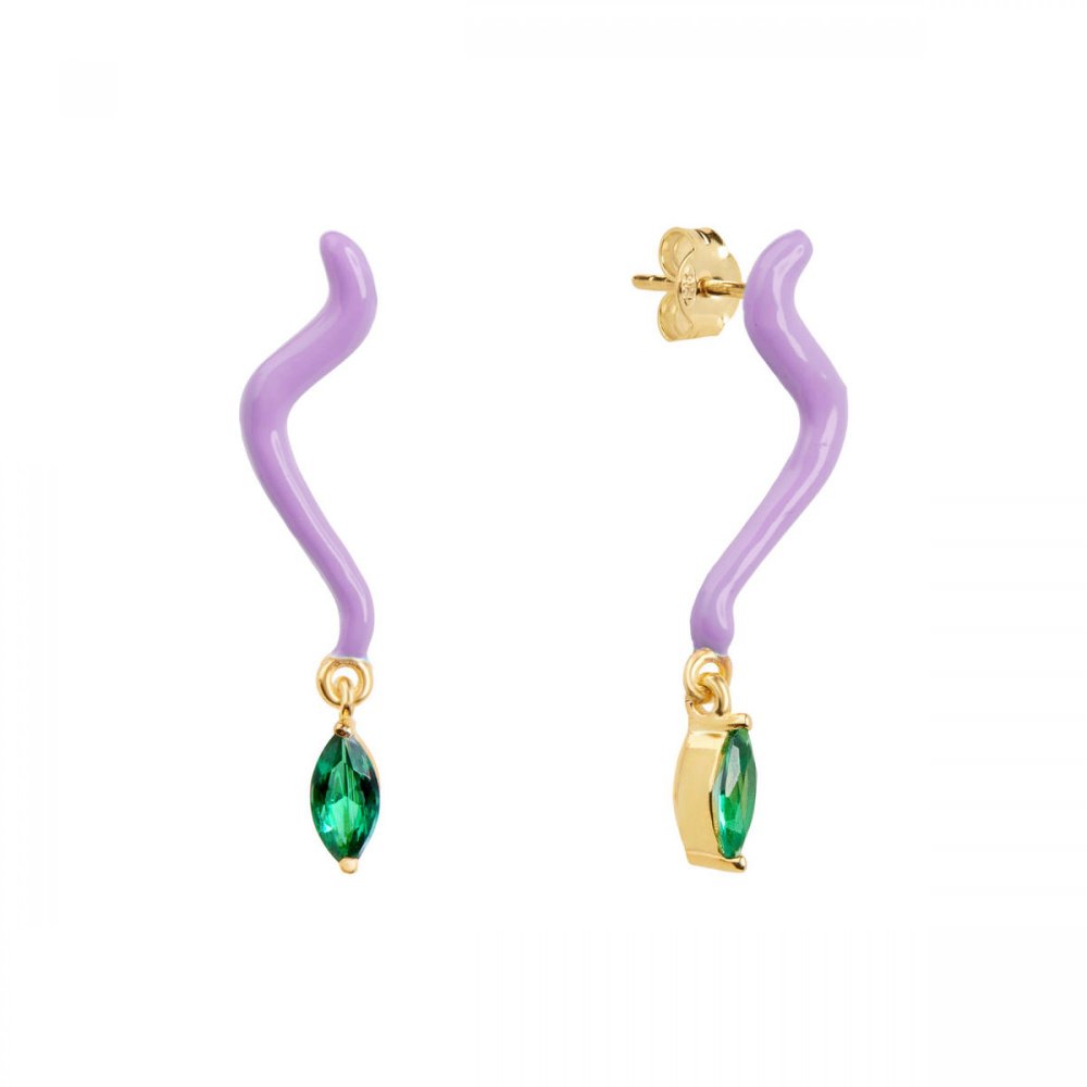 Silver wave earrings with purple enamel and dangling green zircon