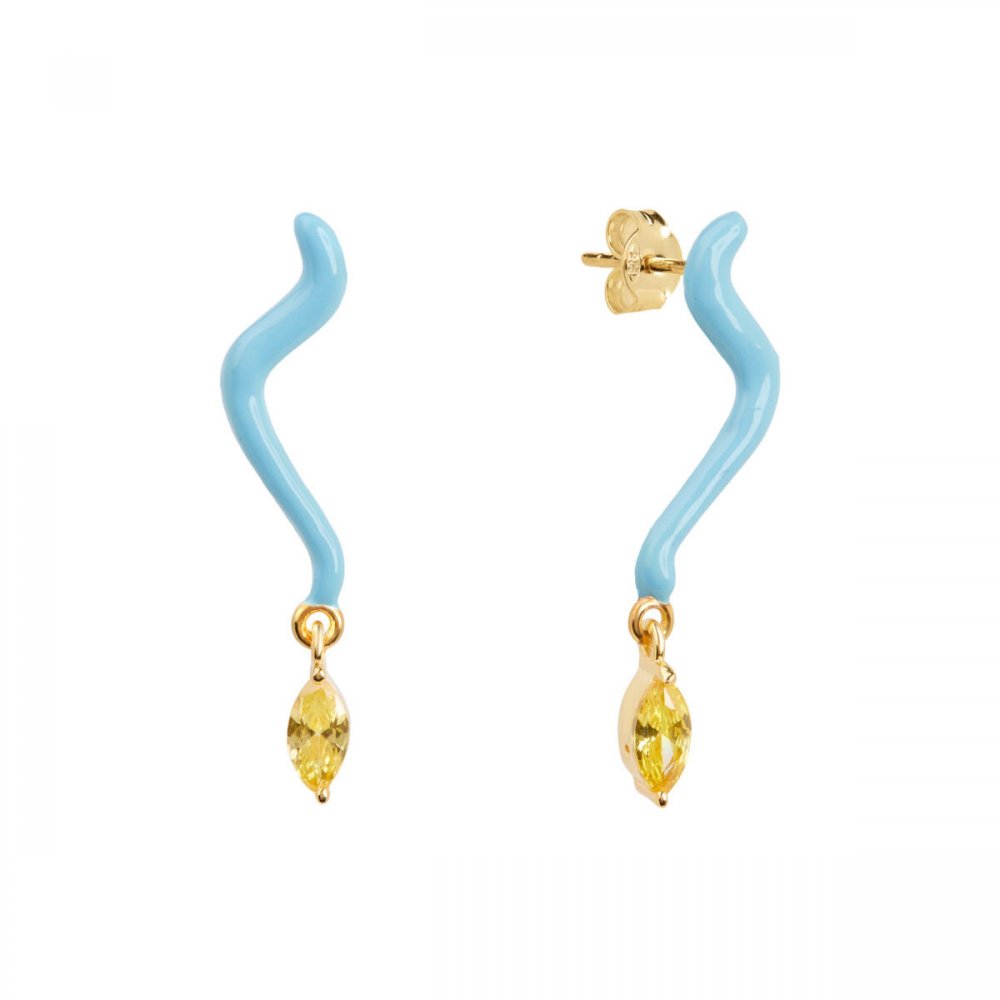 Silver wave earrings with blue enamel and dangling yellow zircon