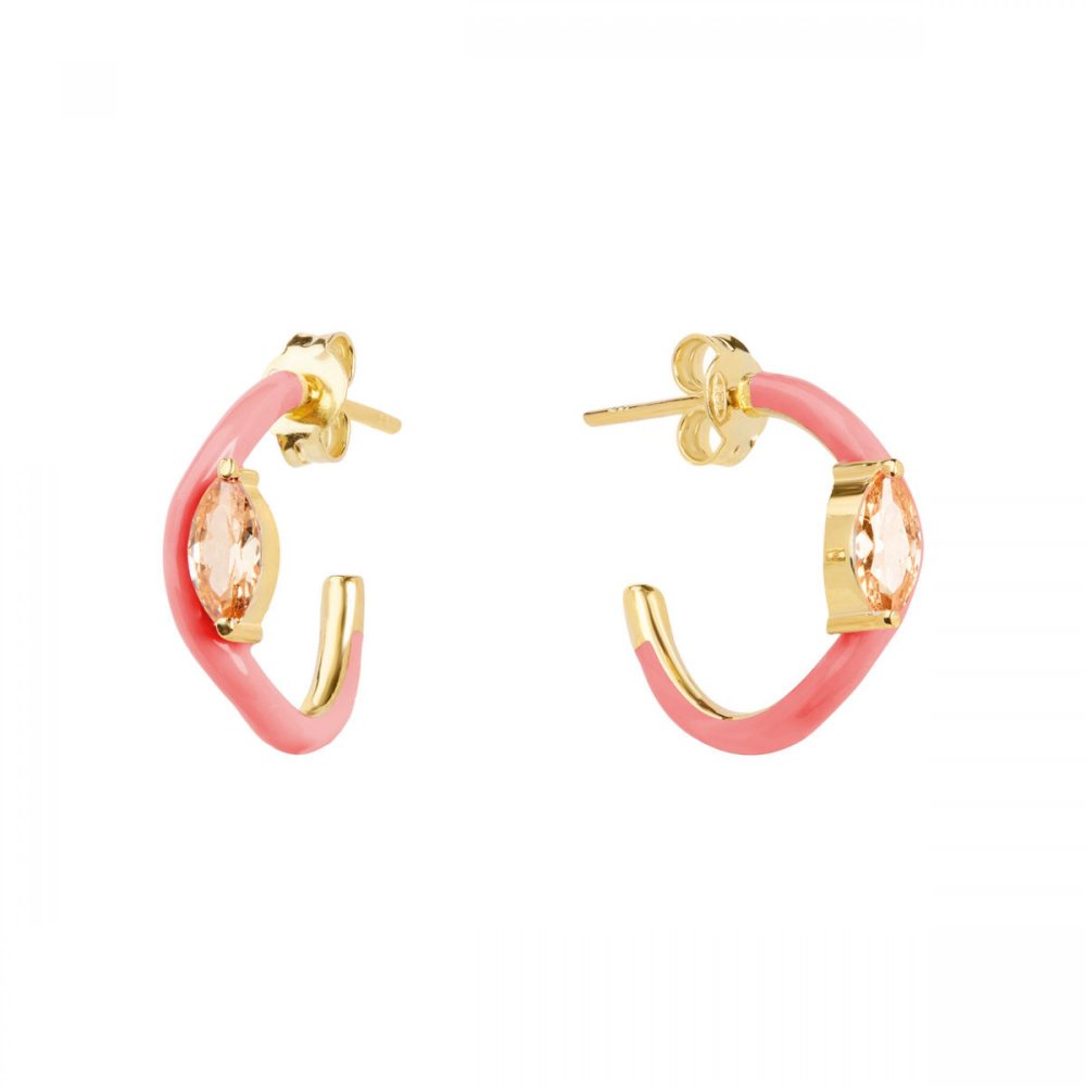 Sterling Silver Wave Hoop Earrings with Coral Enamel and Champagne Zircon
