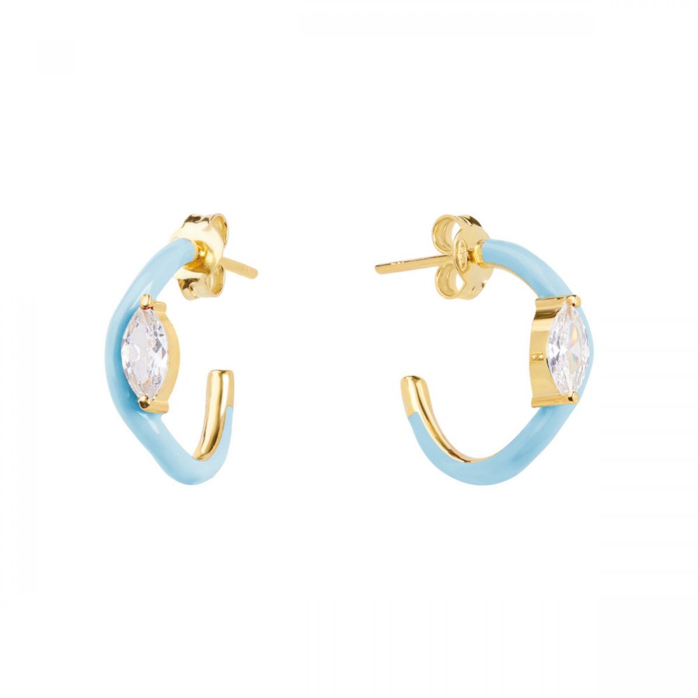 Silver wave hoop earrings with blue enamel and white zircon