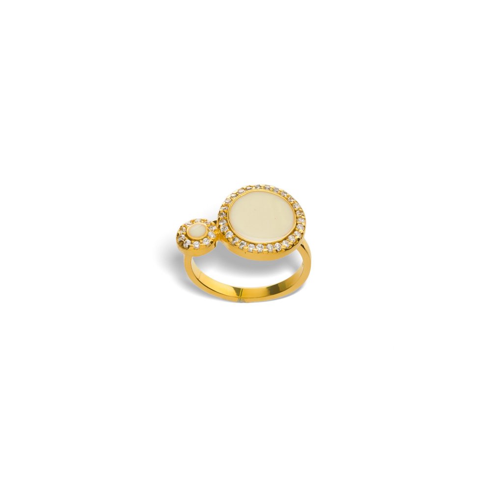 Silver ring with small and large round motif, white zircons and ivory enamel