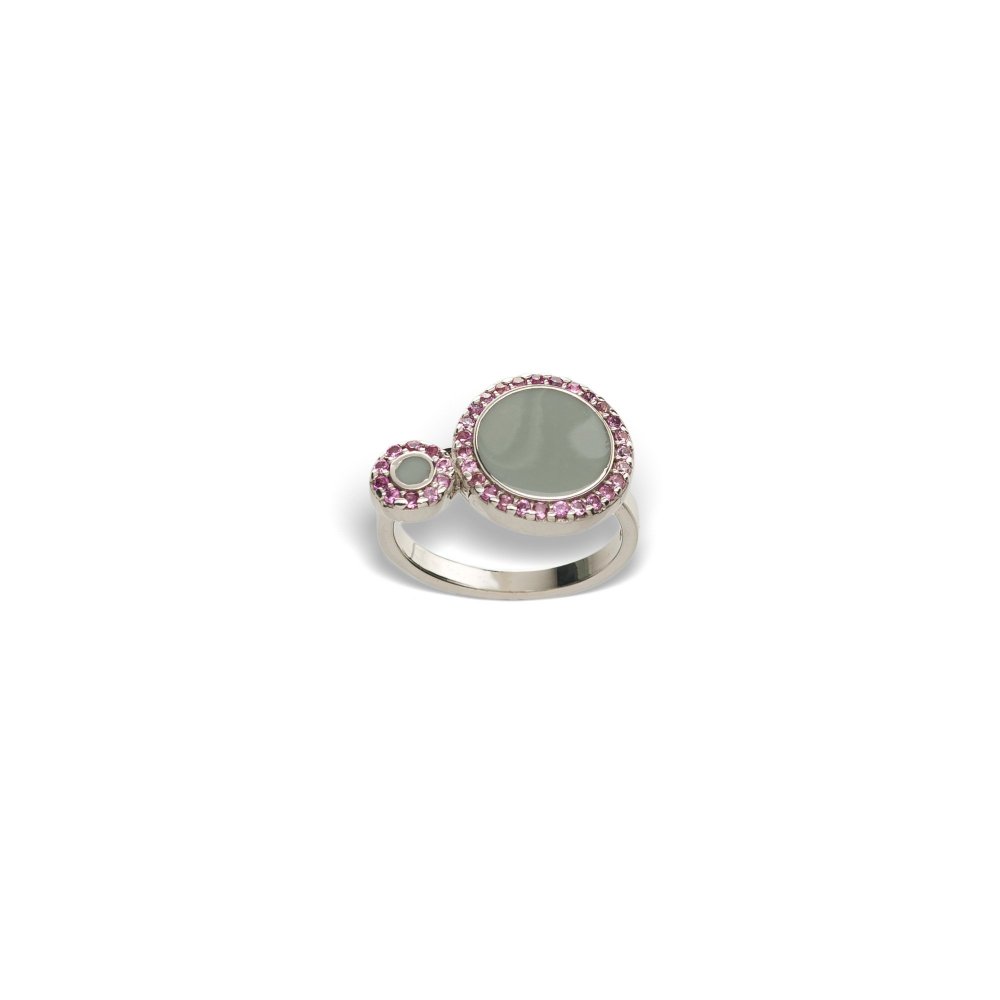 Silver ring with small and large round motif, pink zircon and gray enamel