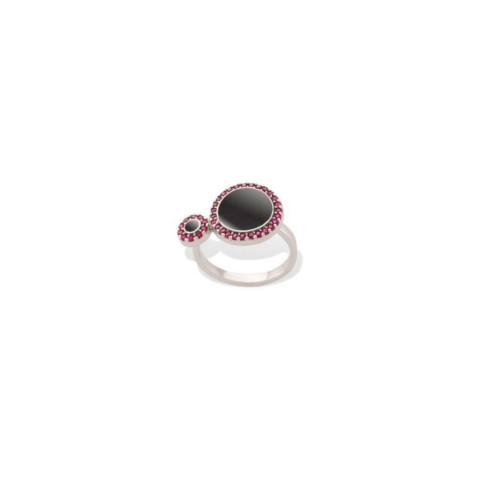Silver ring with small and large round motif, red zircons and black enamel