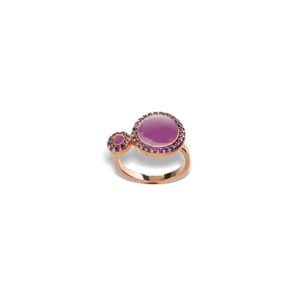 Silver ring with small and large round motif, purple zircon and dark lilac enamel