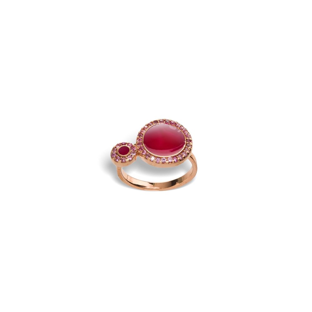 Silver ring with small and large round motif, pink zircon and burgundy enamel