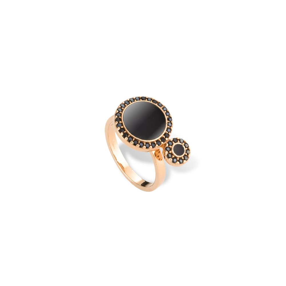 Silver ring with small and large round motif, black zircons and black enamel