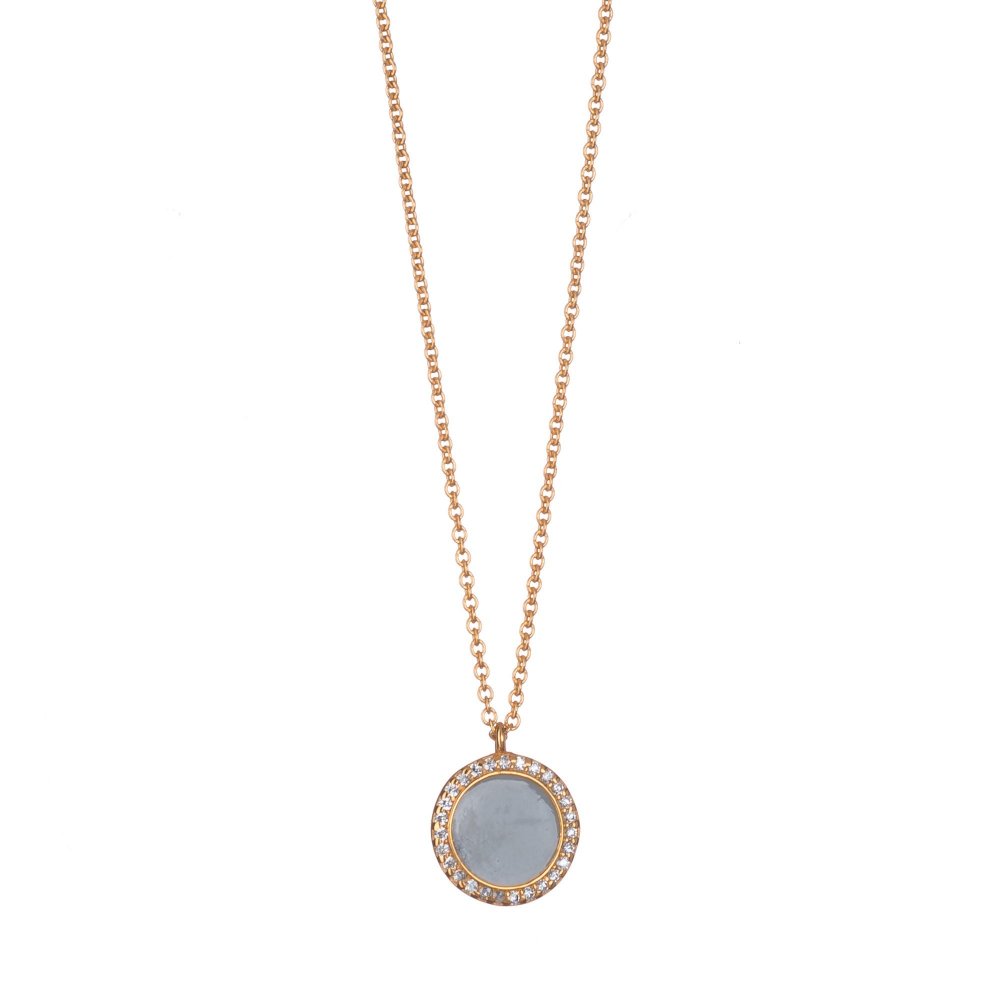 Silver necklace with a large round motif, white zircons and gray enamel
