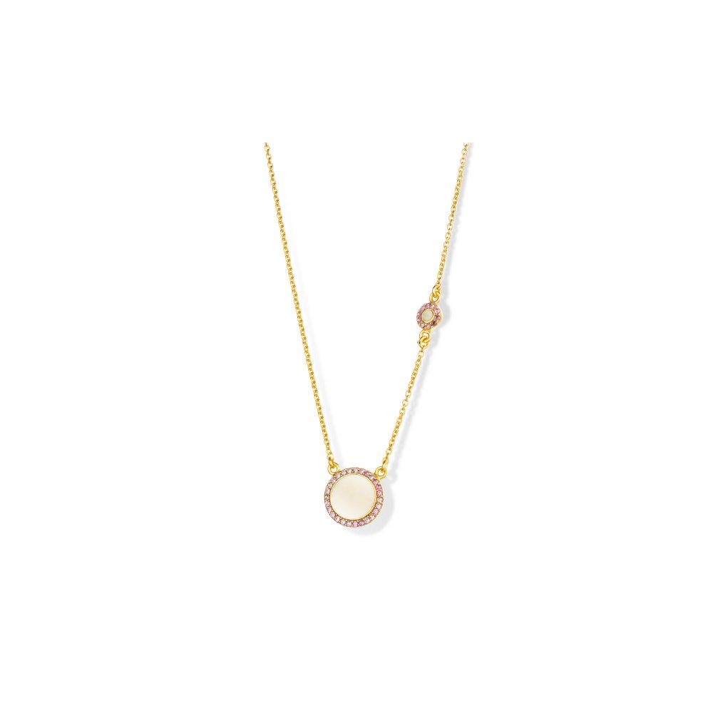 Silver necklace with small and large round motif, pink zircon and ivory enamel