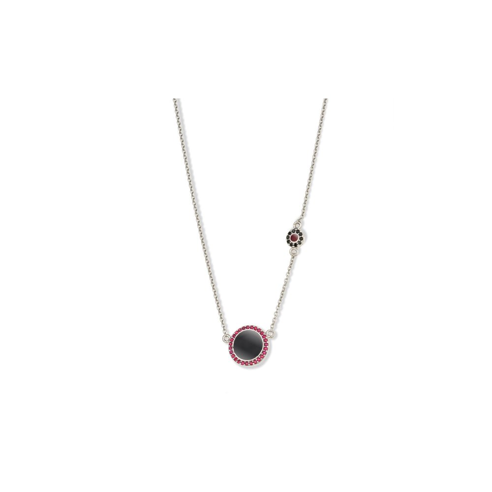Silver necklace with small and large round motif, red zircons and black enamel