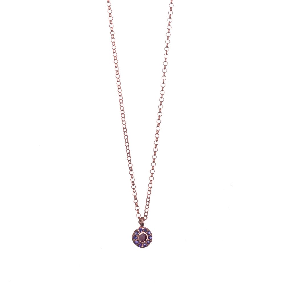 Silver necklace with round motif, purple zircon and fuchsia enamel