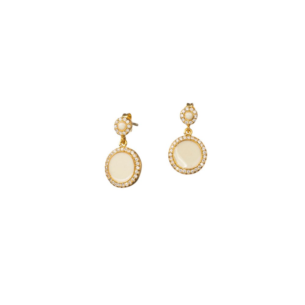 Silver earrings with small and large round motif, white zircons and ivory enamel
