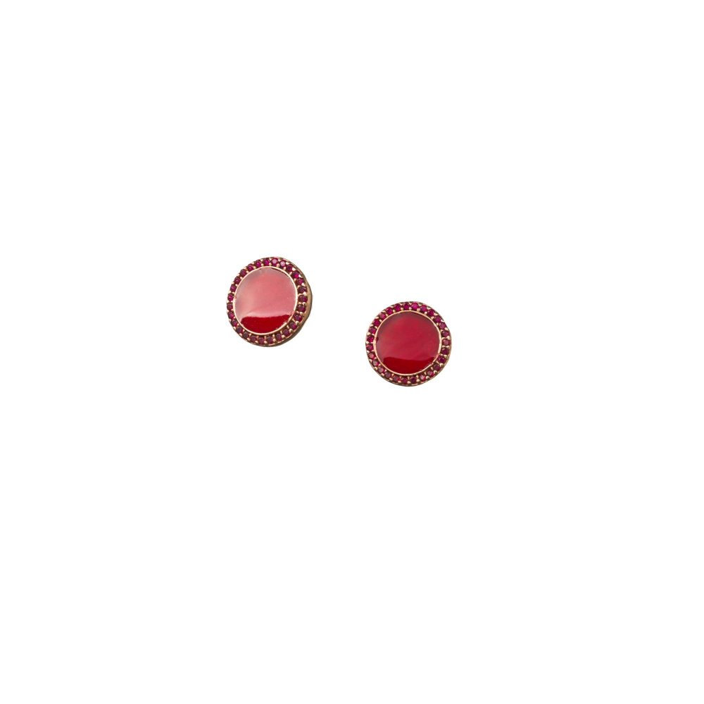 Silver earrings with a round motif, red zircons and burgundy enamel