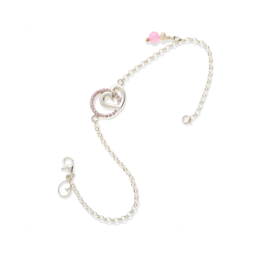 Silver heart bracelet with pink zircon, pearl and jade
