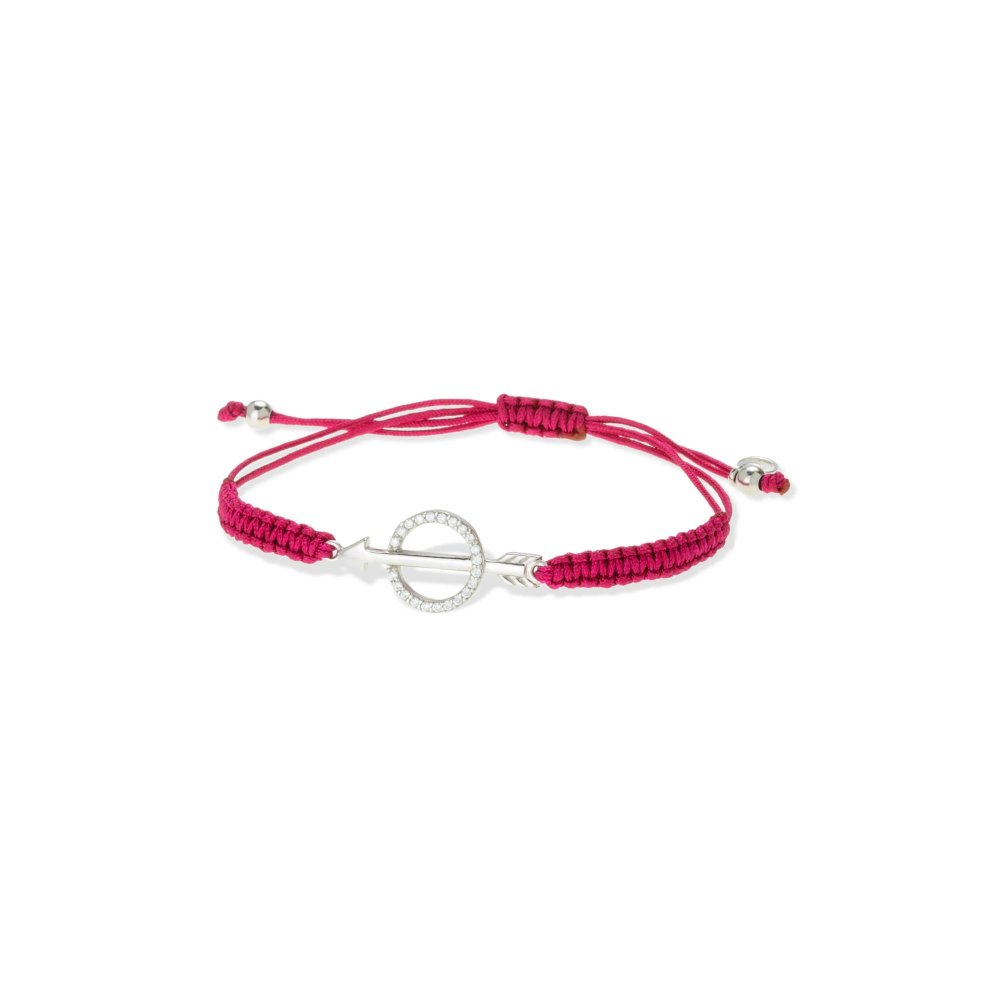 Silver macrame arrow bracelet with white zircons and fuchsia dark string