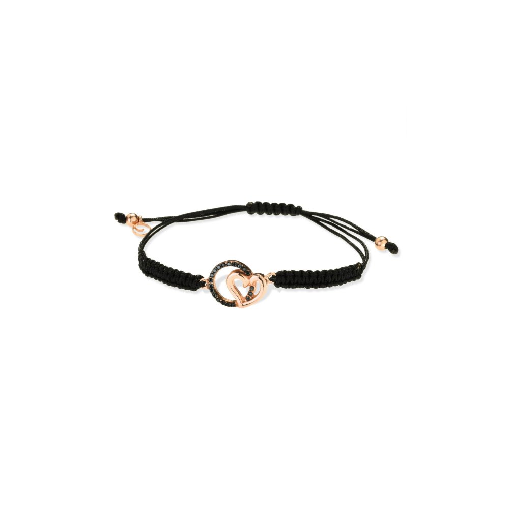Silver macrame heart bracelet with black zircons and black cord