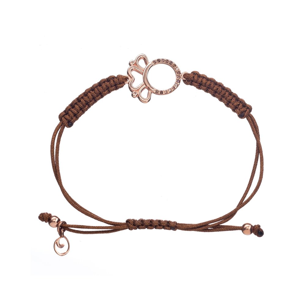 Silver macrame crown bracelet with brown zircons and brown cord