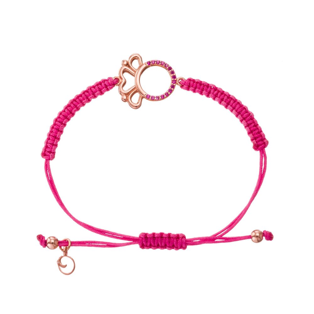 Silver Macrame Crown Bracelet with Fuchsia Zirconia and Fuchsia Cord