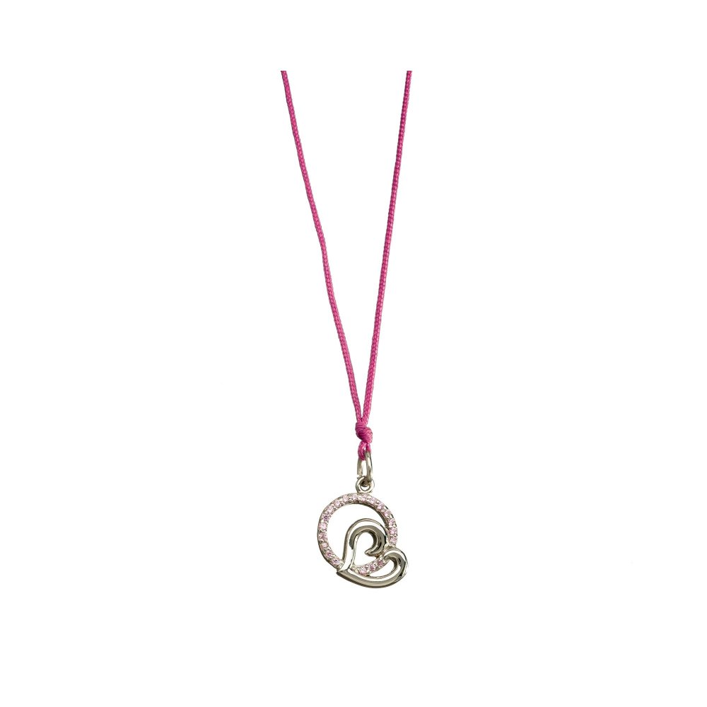 Silver heart necklace with pink zircon and pink cord