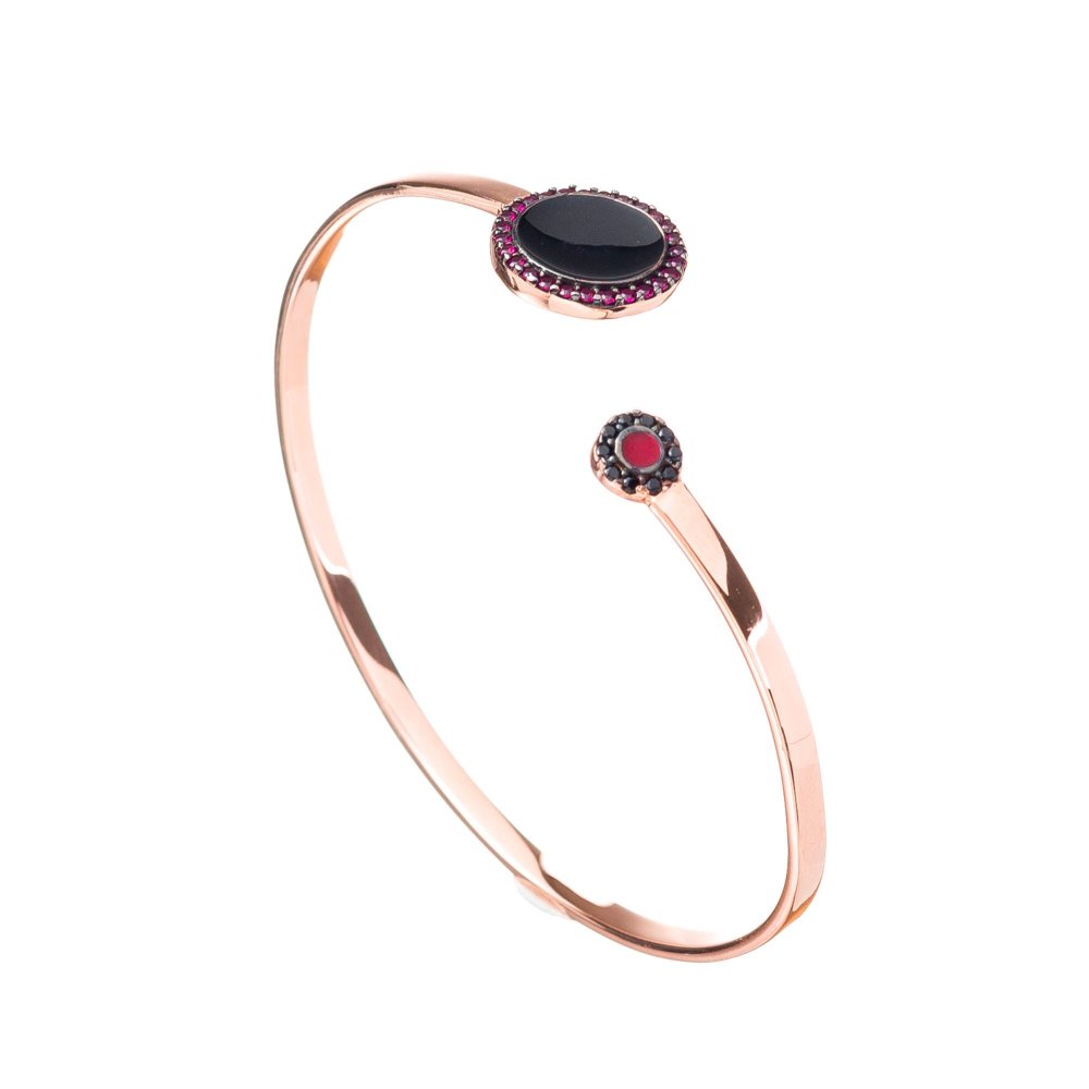 Silver bracelet with small and large round motif, black and fuchsia zircons and black and fuchsia enamel