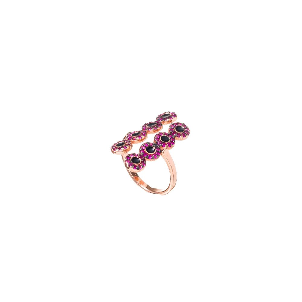 Silver ring with round motifs, fuchsia zircon and black enamel