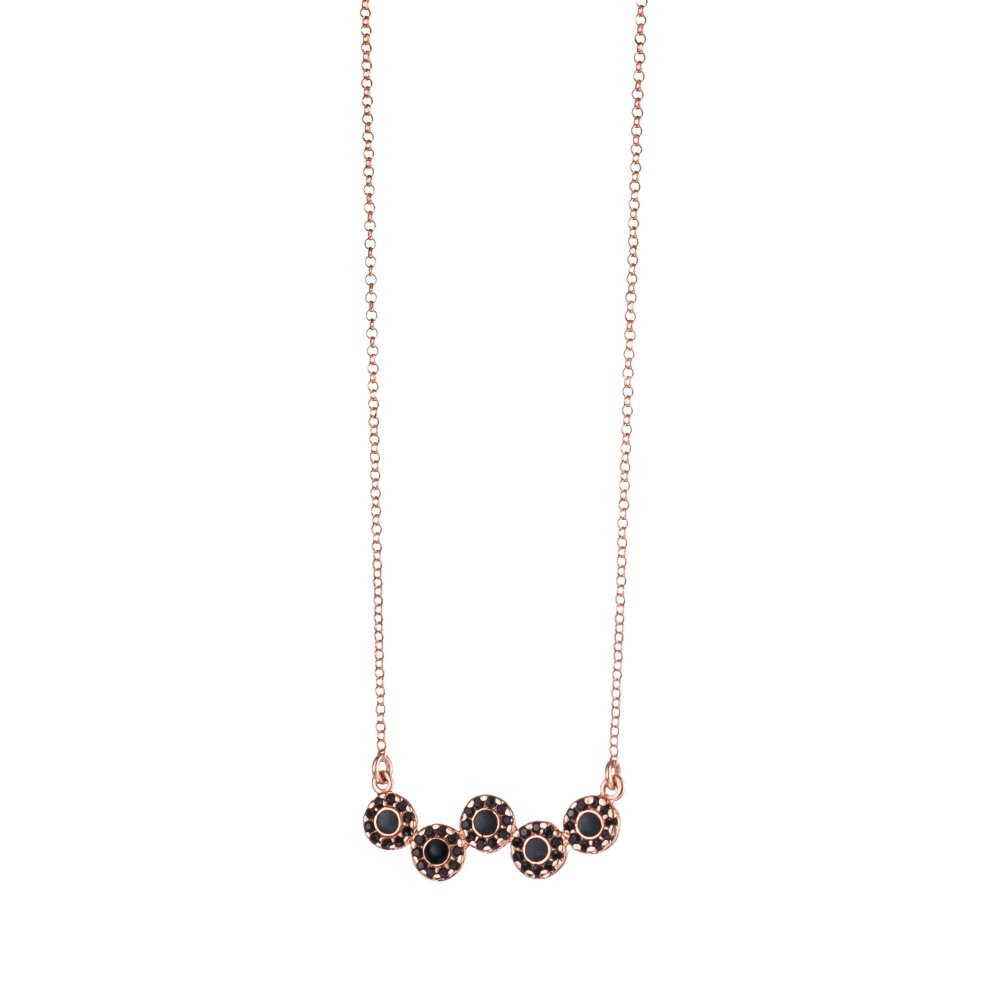 Silver necklace with round motifs, black zircons and black enamel