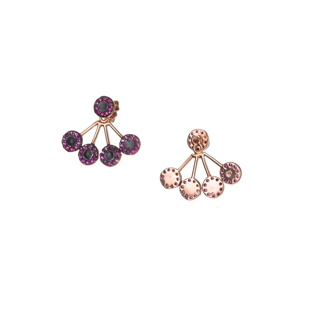 Silver earrings with round motifs, fuchsia zircons and black enamel