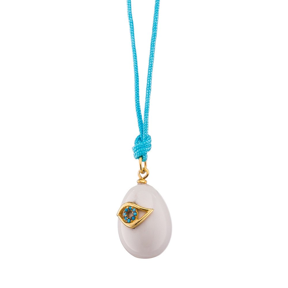 White onyx paste necklace with turquoise zircon silver eye and turquoise cord