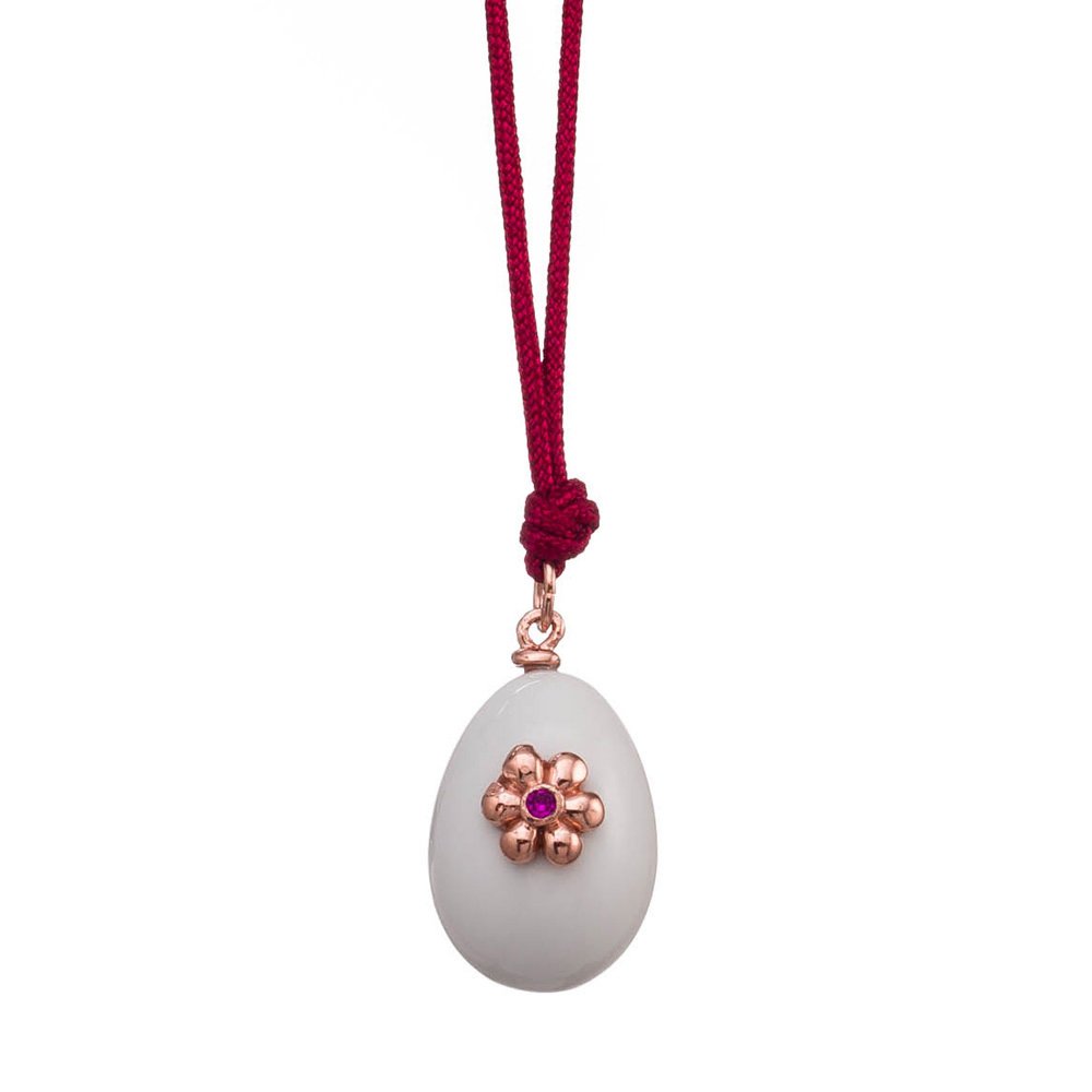White onyx paste necklace with silver flower, red zircon and burgundy cord