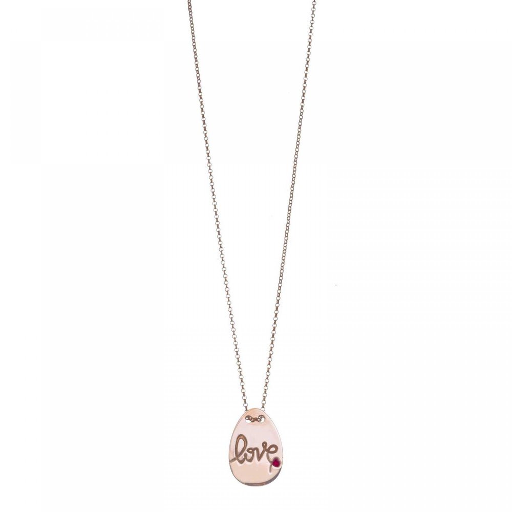 Silver love necklace with red enamel detail and pink chain