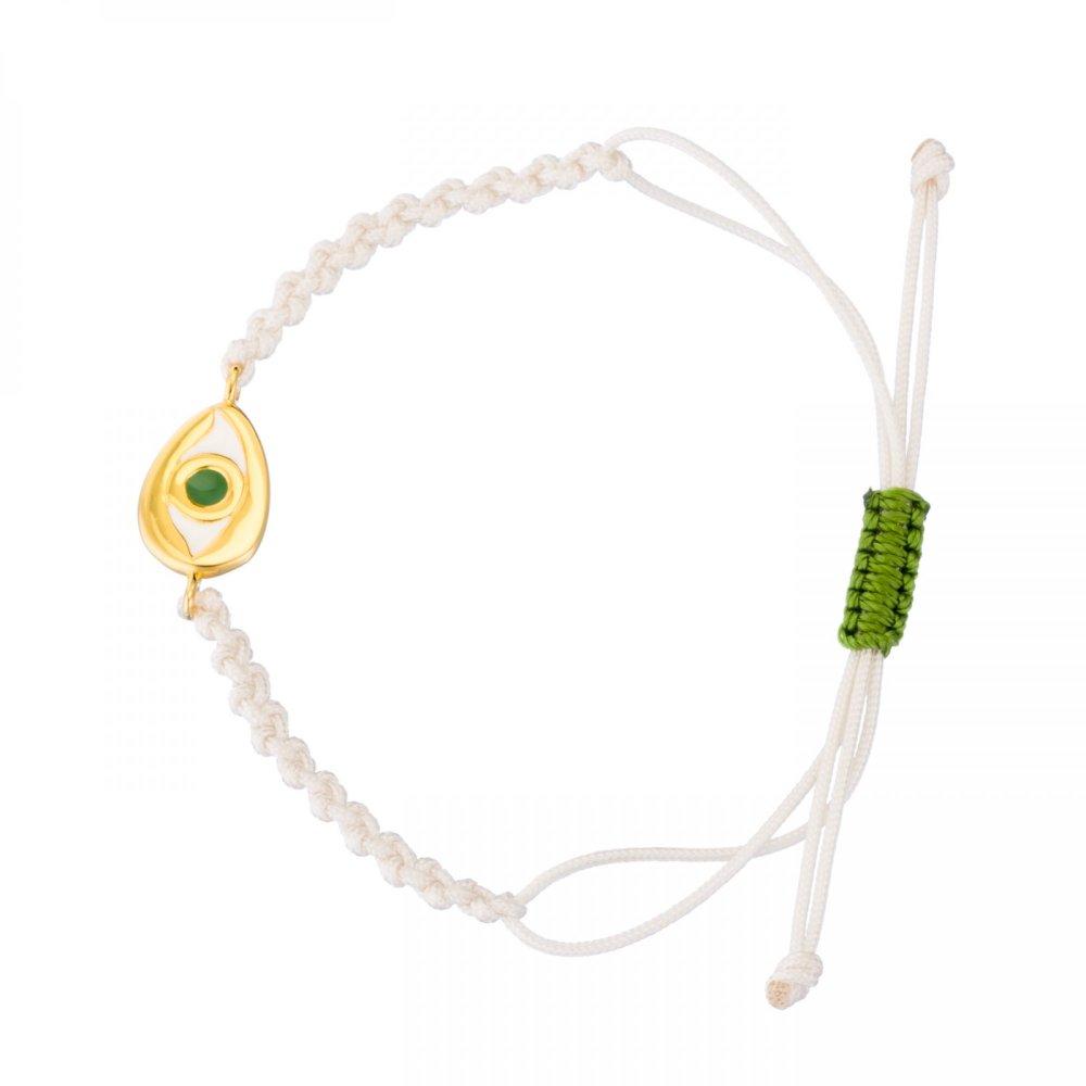 Silver bracelet with gold-plated eye, green and ivory enamel, ivory cord